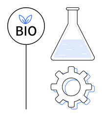 Bio sign with leaf, laboratory flask containing liquid, and gear icon symbolizing biotechnology, innovation, and eco-friendly solutions. Ideal for science, sustainability, innovation, technology