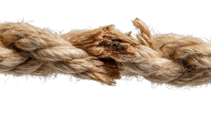 Close up of a thick frayed and damaged rope with exposed fibers and broken strands isolate