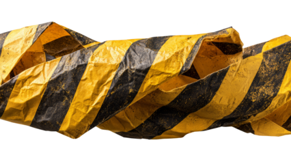 Crumpled yellow and black striped tape representing caution or hazard isolate