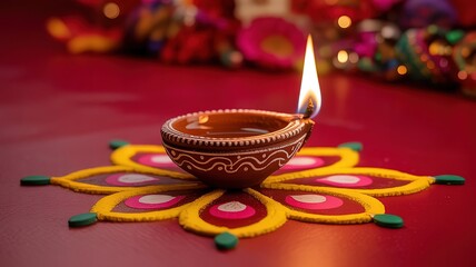 Traditional Diya Lamp on Red Background for Diwali Festival. made with generative Ai
