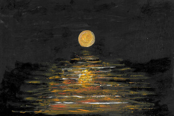 Acrylic painting nature background of full moon, waves and river on dark background. Nature at night concept. Copy space for the text. Hand painted texture style.