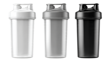 Three Protein Shakers In White Transparent And Black Colors Isolated On A Transparent Background Transparent Background