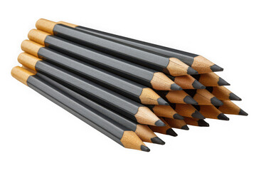 A pile of sharpened graphite pencils with yellow erasers stacked diagonally on a black background isolated on transparent background