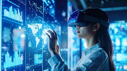 Woman wearing VR headset interacting with futuristic data display, blue tones - Powered by Adobe