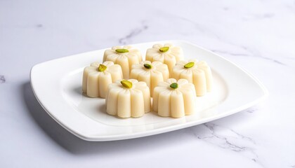 Overhead Shot of Filipino Biko Sticky Rice Dessert Topped with Latik Coconut Curds Arranged on a White Plate with Marble Background