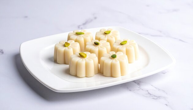 Overhead Shot of Filipino Biko Sticky Rice Dessert Topped with Latik Coconut Curds Arranged on a White Plate with Marble Background