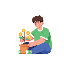 Young man growing money tree for financial success and future investment