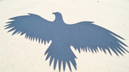 Baby bald eagle. A baby bald eagle's shadow is cast crisp and clear on a bright white sandy ground, ideal for wildlife stock, conservation themes, or storytelling.