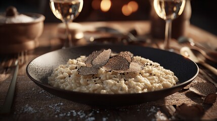 A closeup shot of a creamy risotto dish topped with fresh truffle slices, served in a dark bowl on a rustic wooden table with wine glasses in the background