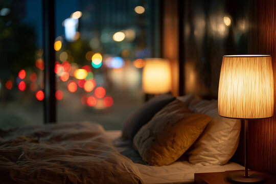 The contemporary bedroom boasts an expansive glass wall, offering a view of blurred traffic lights outside, while warm bedside lamps illuminate the space, creating a wonderfully cozy atmosphere for th