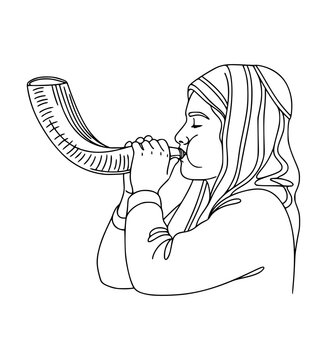 woman blowing shofar, black outline clip art preview