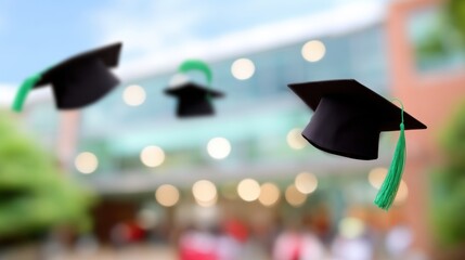 Graduation caps flying in celebration at school after the ceremony
