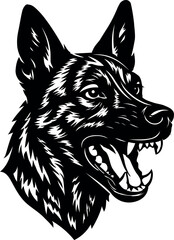 Aggressive Dutch Shepherd head artwork with bared teeth.