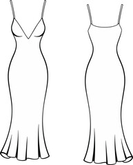 Mermaid silhouette dress, fitted gown, spaghetti straps, deep V-neckline, technical fashion sketch, front and back view, elegant hem, cad drawing flat vector illustration