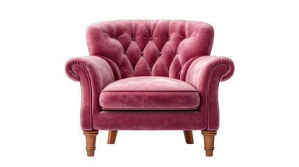 Luxurious Tufted Rose Velvet Armchair with Wooden Legs Isolated on Transparent Background Front View