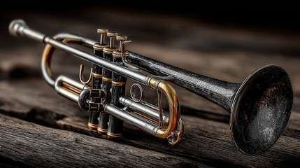 A trumpet is on the wooden table.