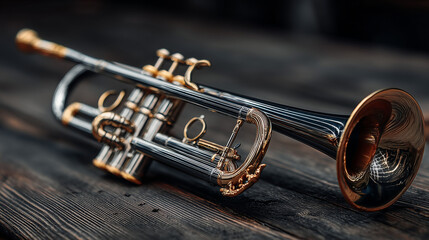 Beautiful silver trumpet is on the table , isolate.