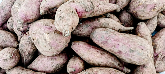 Red sweet potatoes sold by traders at the market.
