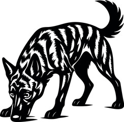 Creative Dutch Shepherd artwork sniffing the ground with raised tail.
