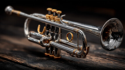 Close up a silver trumpet is on the table.