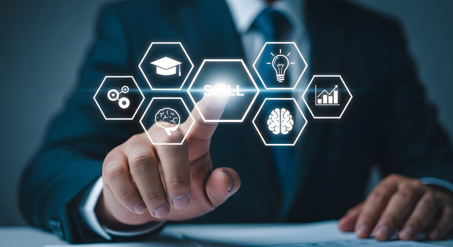 Businessman s finger touching a glowing network of hexagonal icons representing education innovation technology and business growth