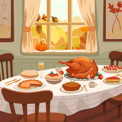 Illustration for Thanksgiving Day, festive table with pies and turkey, family dinner, autumn atmosphere with yellow leaves outside the window