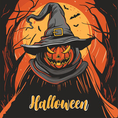 Halloween illustration, character with a pumpkin instead of a head and a large moon in the background