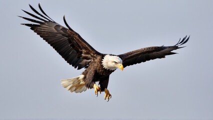 Obraz premium Baby bald eagle. Inspiring image of a baby bald eagle in a flight attempt, wings spread with visible blur, isolated against a smooth, light grey background for wildlife or educational visuals.
