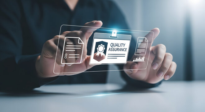 Person holding a transparent futuristic interface displaying digital identity cards and personal data on a modern desk