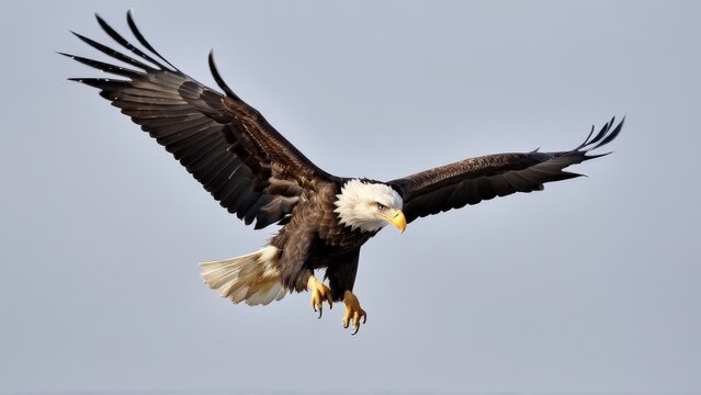 Baby bald eagle. Inspiring image of a baby bald eagle in a flight attempt, wings spread with visible blur, isolated against a smooth, light grey background for wildlife or educational visuals. - Powered by Adobe