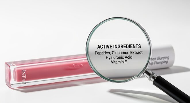 Lip gloss tube with magnified active ingredients list