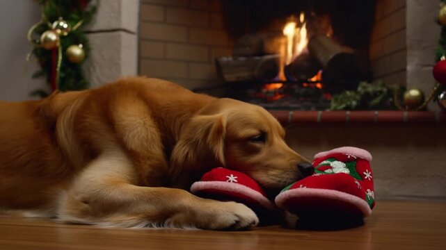 A golden retriever snuggles against a pair of slippers by the fireplace in a warm living room, conveying a concept of domestic devotion and nightly routine.