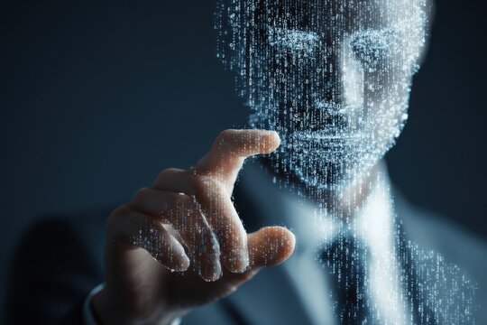 Data Flow Human Face: Binary Code Visualization, Futuristic Digital Identity Concept, Technology Innovation, Cybersecurity, Personal Data Interface, Global Network Connection Illustration
