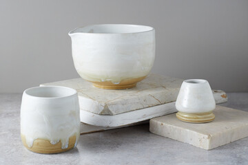 Tea bowl ceramic on gray background.