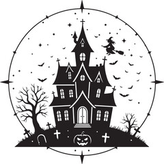 Spooky Halloween Haunted House Silhouette with Witch and Bats in Circular Frame