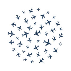 Airplanes flying together round vector illustration or banner