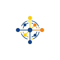 Abstract technology logo with interconnected dots and lines.