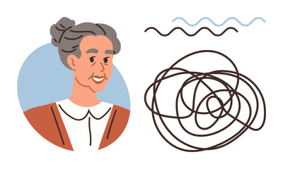 Elderly woman with gray hair and calm expression juxtaposed with swirling tangled lines and smooth waves. Ideal for aging, mental health, memory, confusion, mindfulness, simplicity, human behavior. A