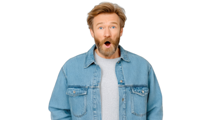 Man With Curly Blond Hair And Beard Expressing Surprise With Mouth Open Wide Wearing A Denim Jacket And Grey T Shirt Isolated On Transparent Background