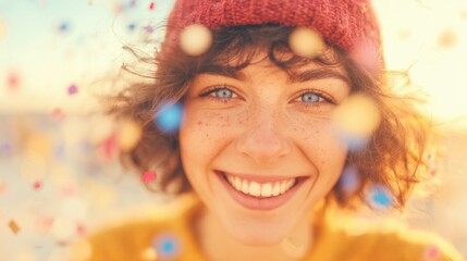 Cheerful young woman with curly hair wearing a beanie enjoys a sunny celebration