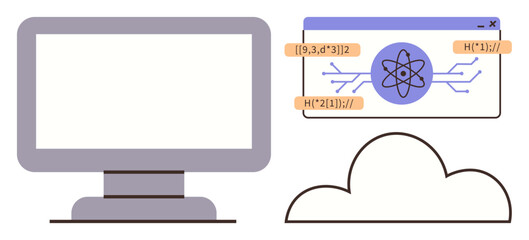 Computer monitor, webpage with atom graphic and coding elements, and cloud outline. Ideal for technology, cloud computing, programming, data science, innovation, education simple flat metaphor