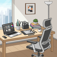 Fototapeta premium Modern Home Office Setup with Laptop and Drawing Tablet.