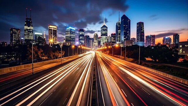 Long exposure shot of a highway with streaks of light leading towards a lit cityscape