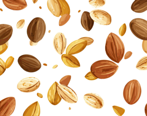 Scattered, close-up graphic of various brown and tan seed-like elements against a black backdrop