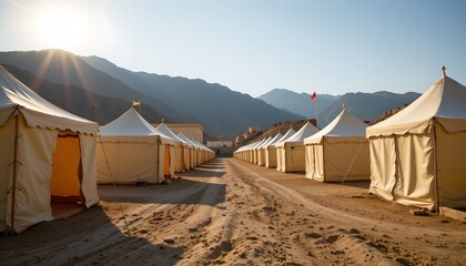 a dry terrain with multiple temporary shelters arranged in rows