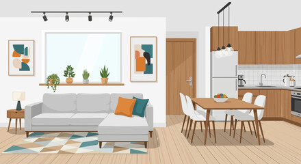 Modern Living Room and Kitchen Area with Furniture and Decor.