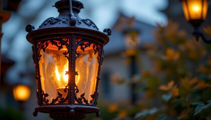 a cozy nighttime setting with a lit lantern hanging from what appears to be a light fixture in the foreground, illuminating a pathway that leads the eye towards a darkene