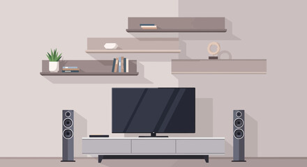 Modern Living Room Entertainment Setup with Television and Speakers.