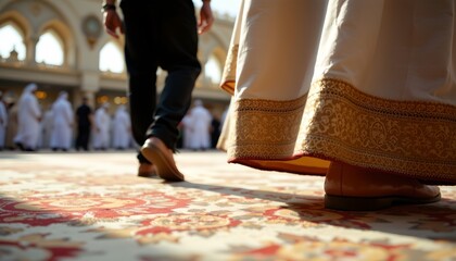 a moment during a formal event in a large hall adorned with ornate rugs
