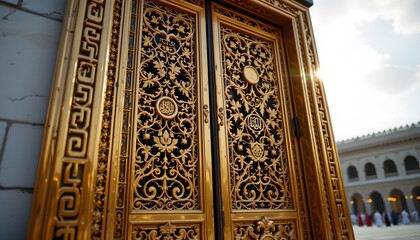an elaborate gold colored door, which is decorated with intricate patterns and greek key motifs